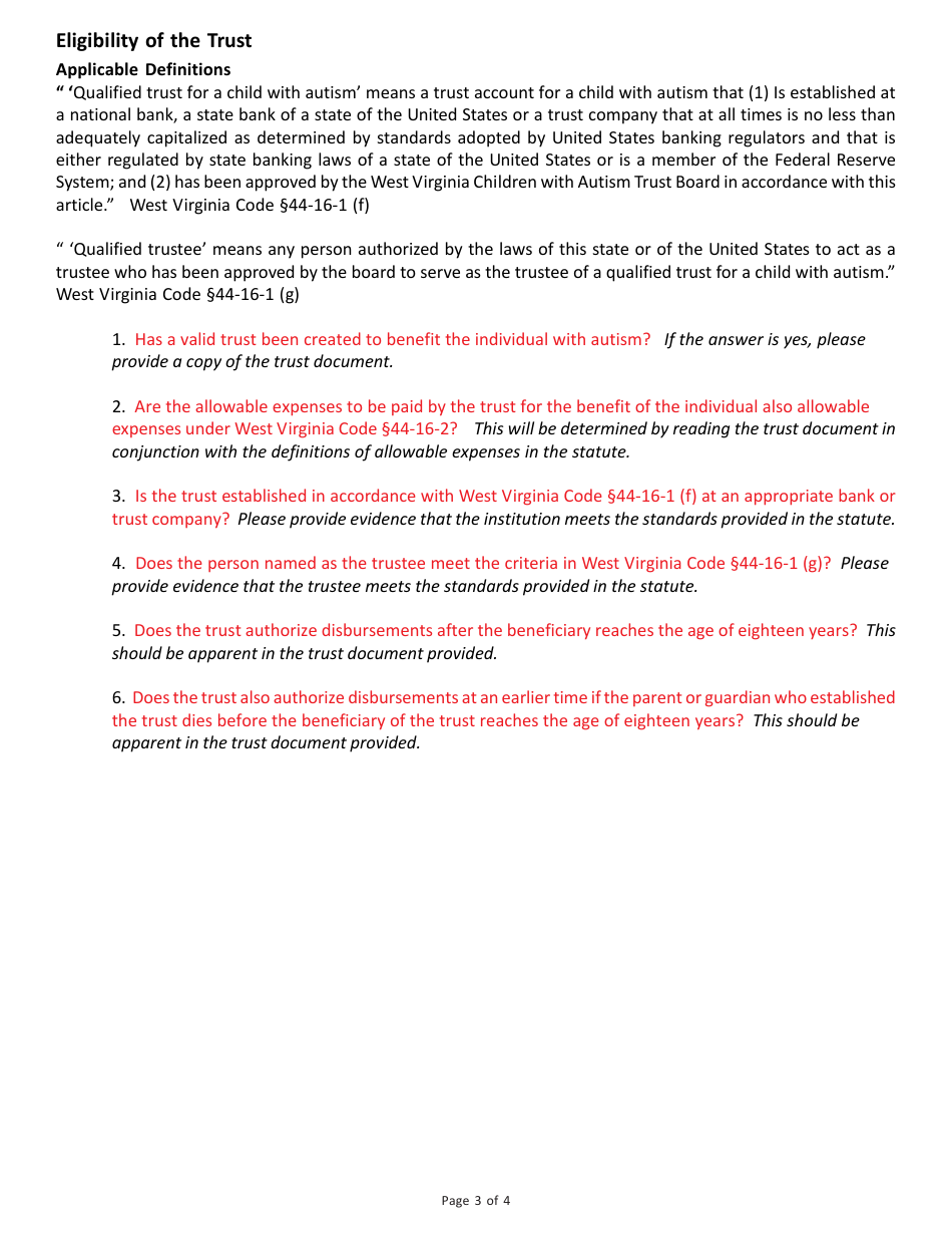 Application Form for Approval of Qualified Trust for Children With Autism Form - West Virginia Children With Autism Trust Board - West Virginia, Page 3
