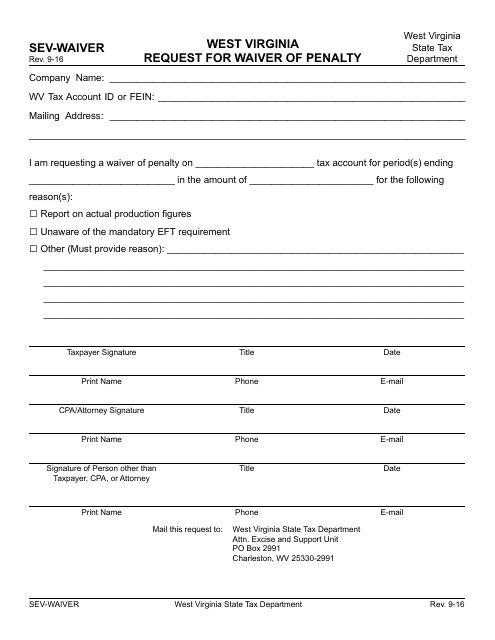 Form SEV-WAIVER Request for Waiver of Penalty - West Virginia