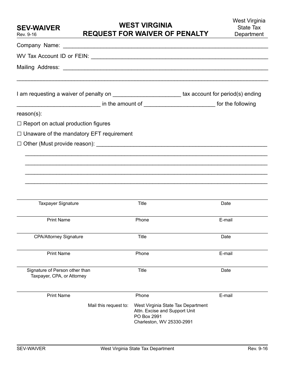 Form SEV-WAIVER Request for Waiver of Penalty - West Virginia, Page 1