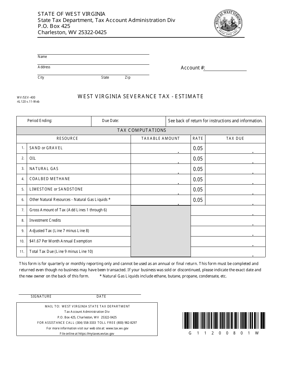 Form WV / SEV-400 Severance Tax - Estimate - West Virginia, Page 1