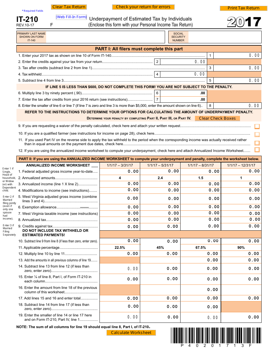 Form IT-210 Underpayment of Estimated Tax by Individuals - West Virginia, Page 1