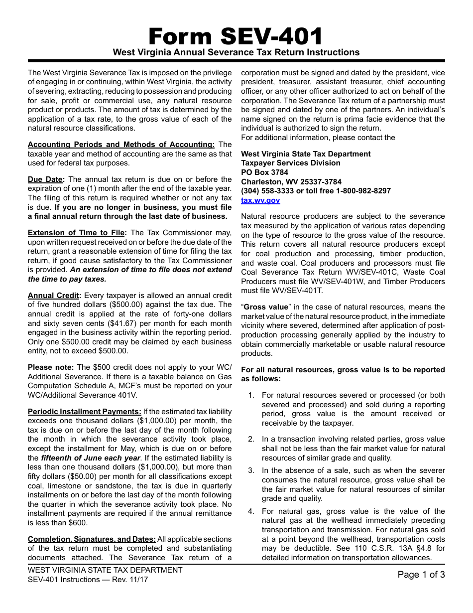 Instructions for Form WV / SEV-401 West Virginia Annual Severance Tax Return - West Virginia, Page 1