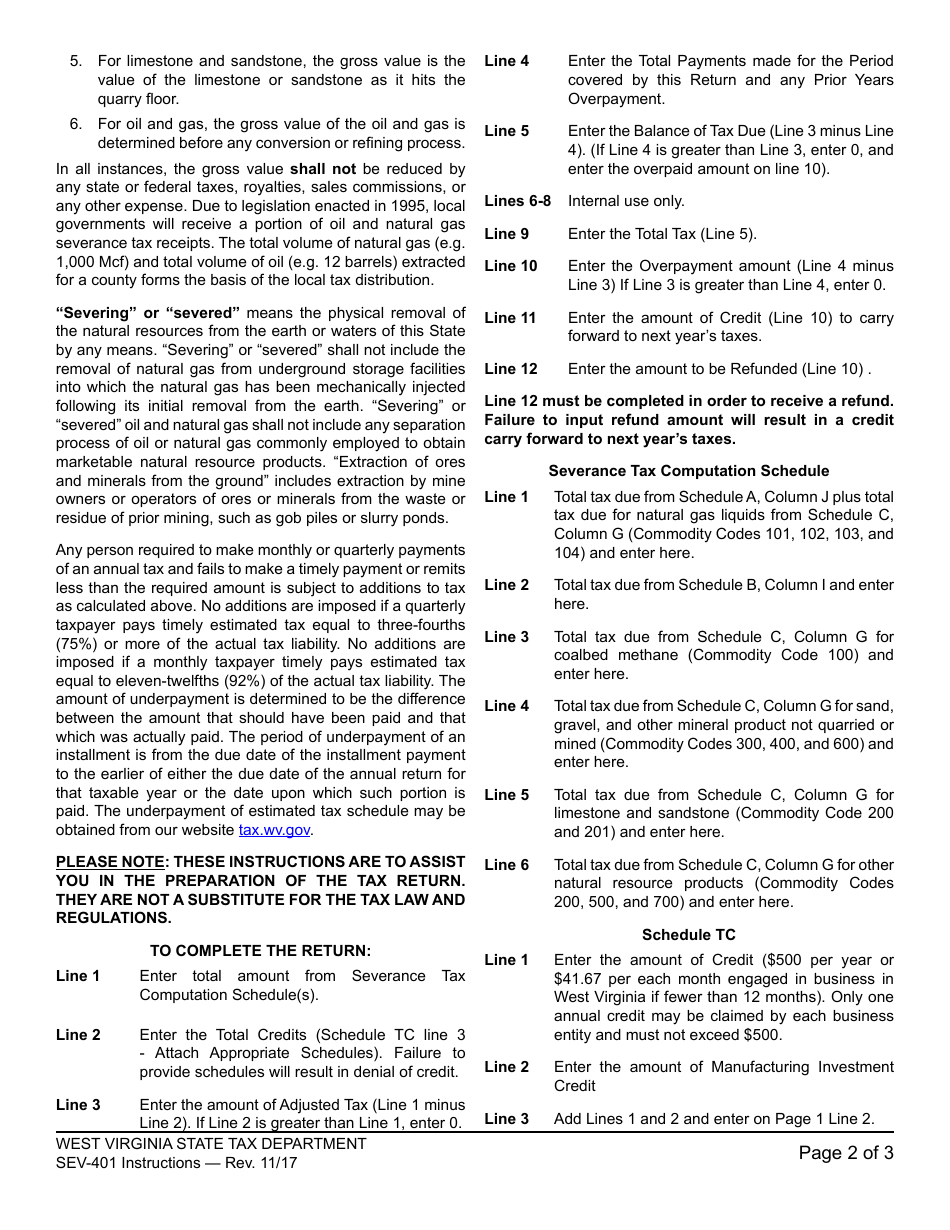 Download Instructions For Form Wvsev 401 West Virginia Annual Severance Tax Return Pdf 9764