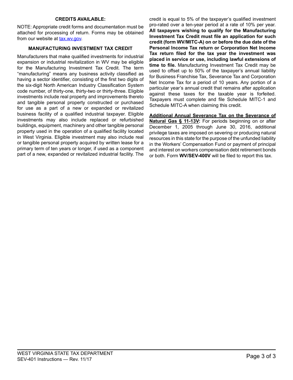 Instructions for Form WV / SEV-401 West Virginia Annual Severance Tax Return - West Virginia, Page 3