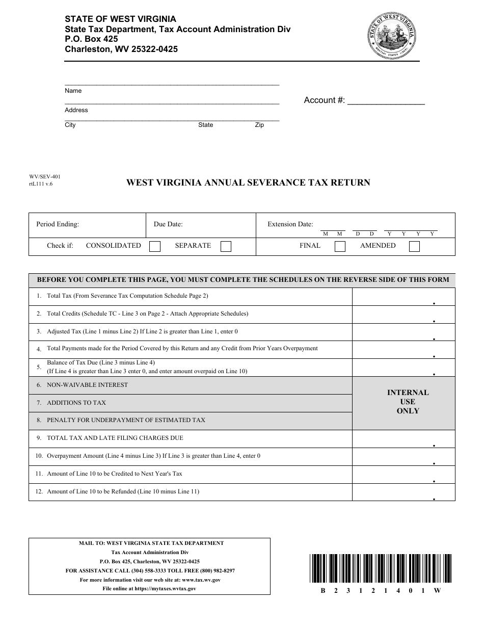 Form WV / SEV-401 West Virginia Annual Severance Tax Return - West Virginia, Page 1