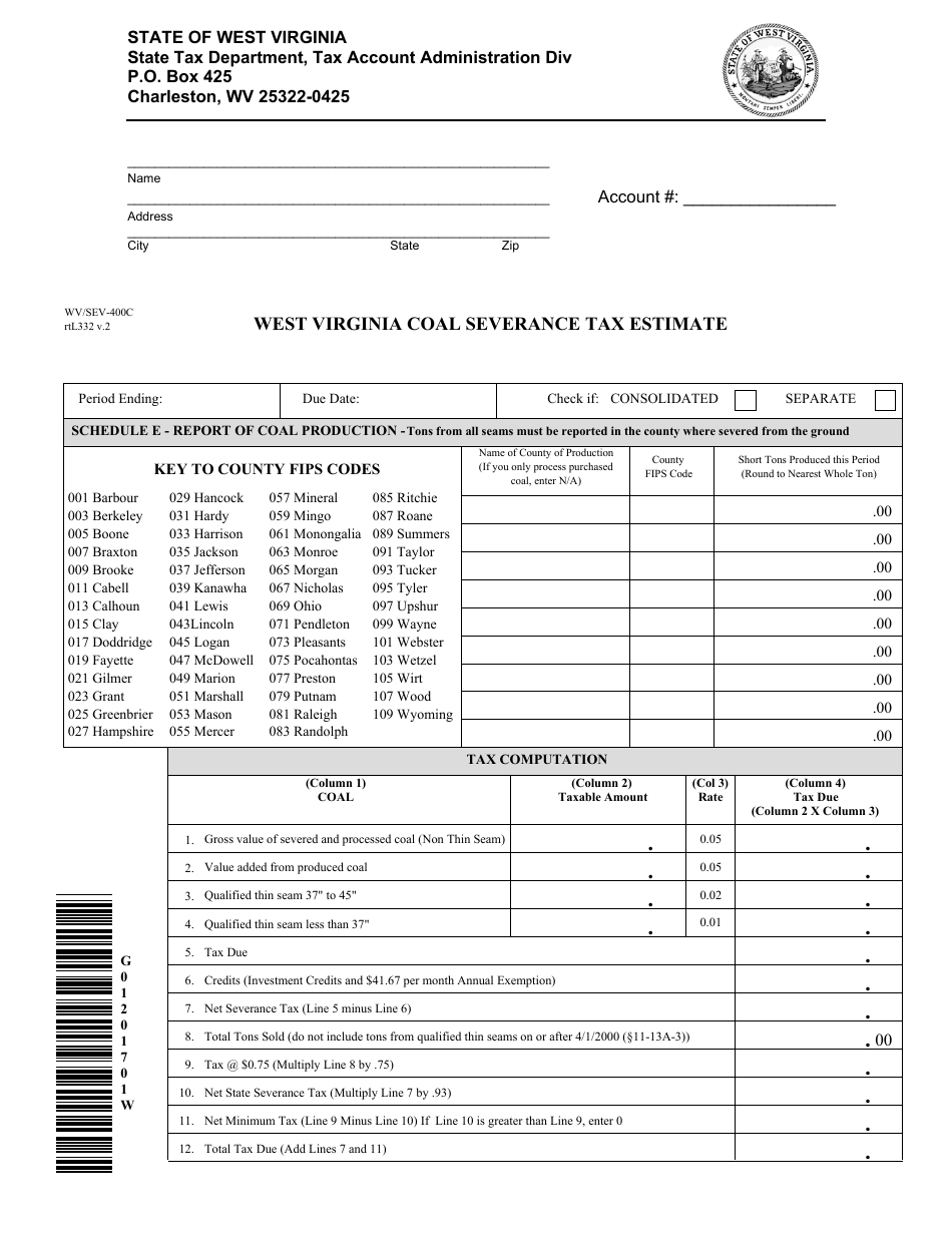 Form WV / SEV-400c Coal Severance Tax Estimate - West Virginia, Page 1