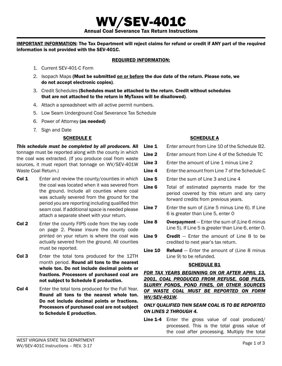Instructions for Form WV / SEV-401C Annual Coal Severance Tax Return - West Virginia, Page 1