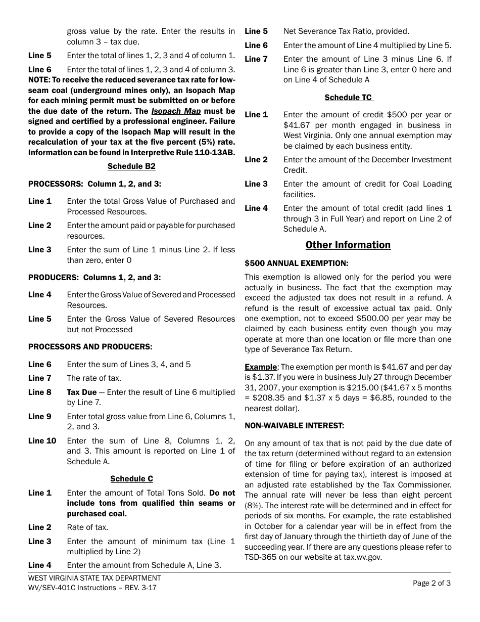 Instructions for Form WV / SEV-401C Annual Coal Severance Tax Return - West Virginia, Page 2