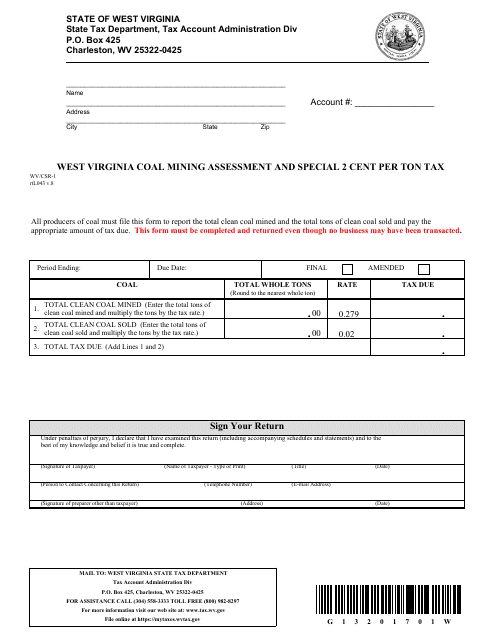 Form WV/CSR-1 West Virginia Coal Mining Assessment and Special 2 Cent Per Ton Tax - West Virginia