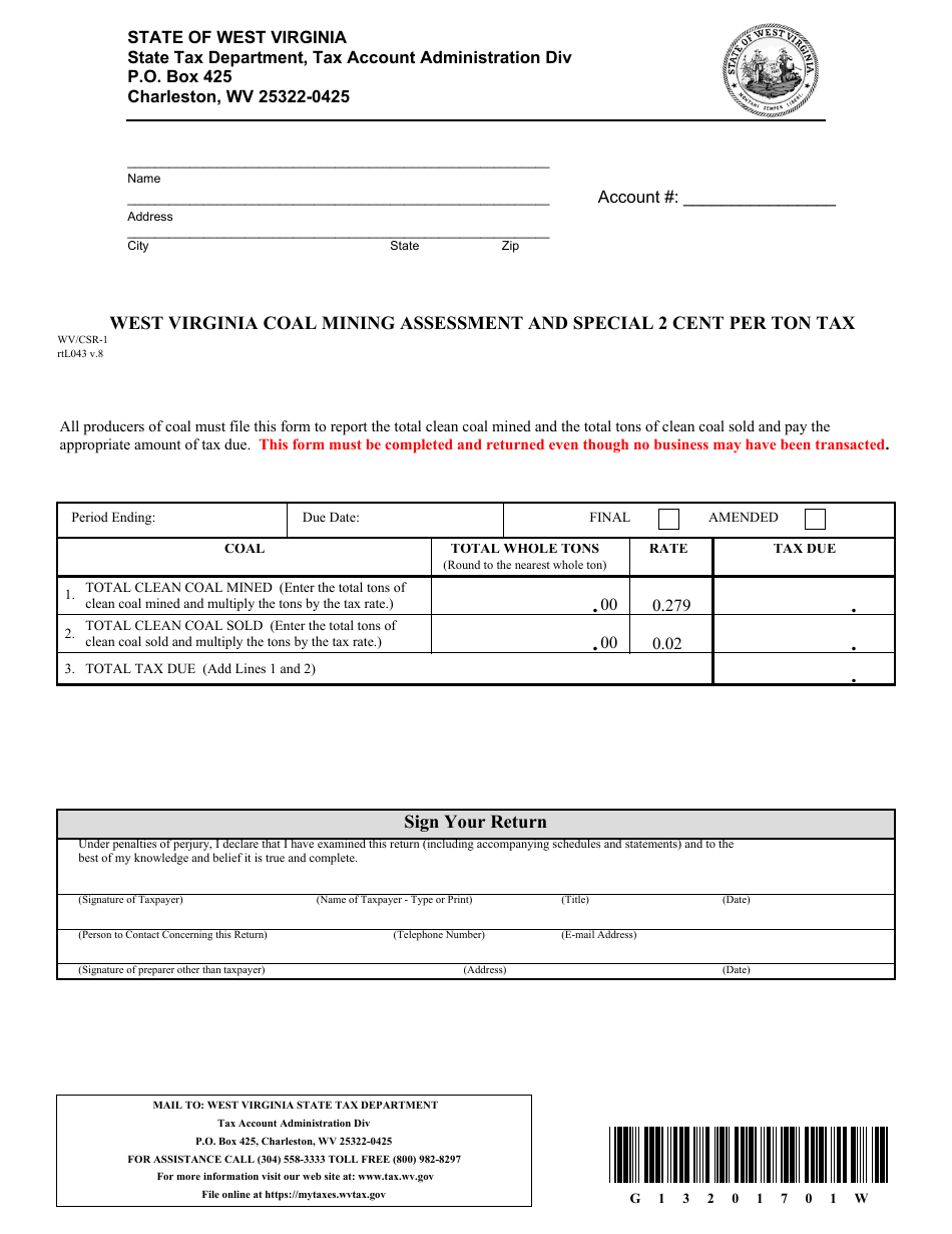 Form WV / CSR-1 West Virginia Coal Mining Assessment and Special 2 Cent Per Ton Tax - West Virginia, Page 1
