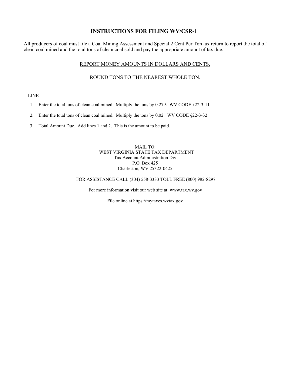 Form WV / CSR-1 West Virginia Coal Mining Assessment and Special 2 Cent Per Ton Tax - West Virginia, Page 2