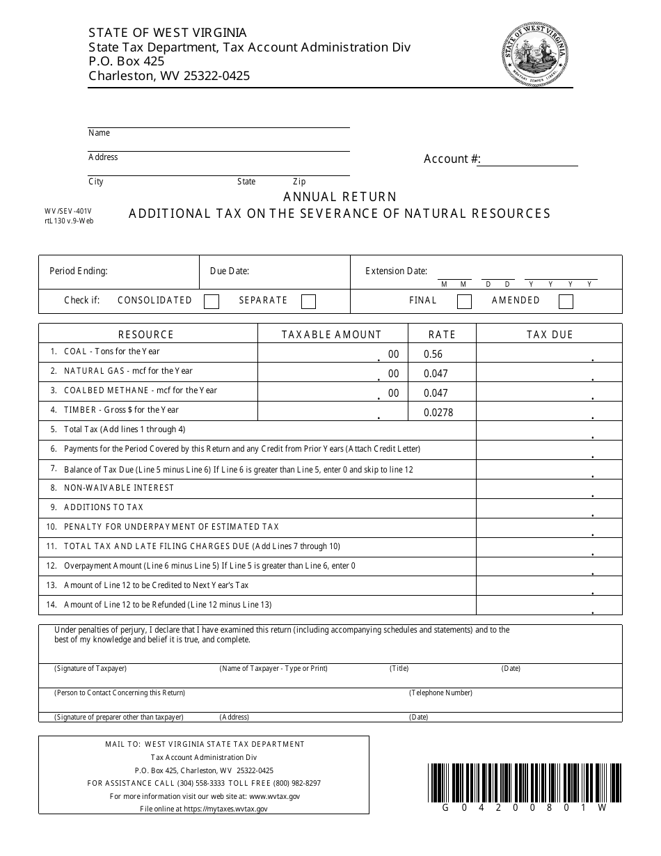 Form WV / SEV-401v Annual Return Additional Tax on the Severance of Natural Resources - West Virginia, Page 1