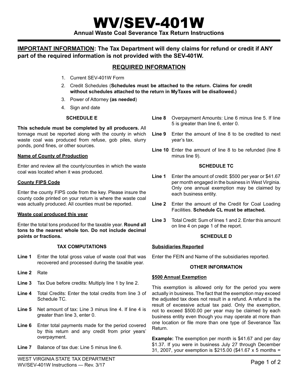 Instructions for Form WV / SEV-401W Annual Waste Coal Severance Tax Return - West Virginia, Page 1