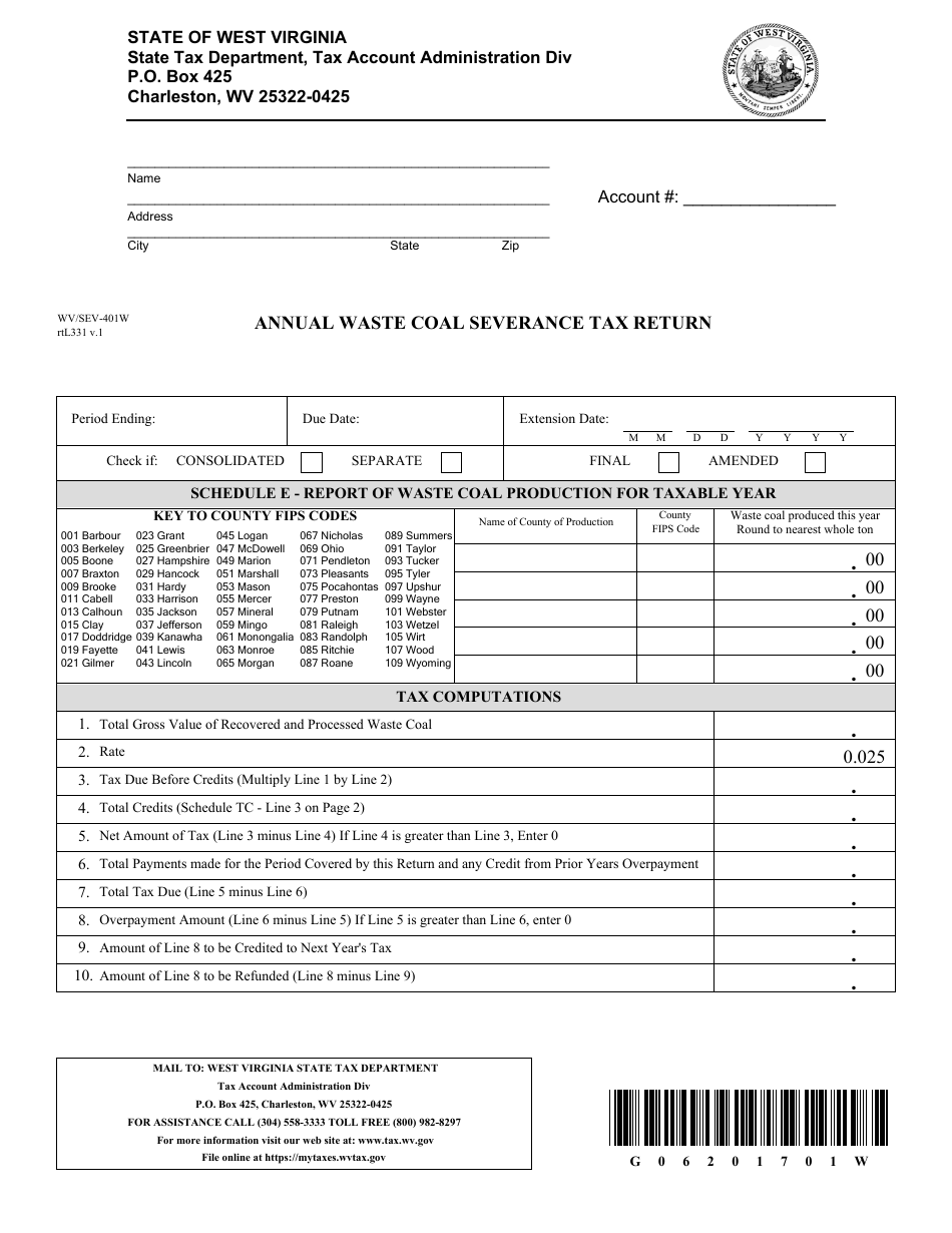 Form WV / SEV-401w Annual Waste Coal Severance Tax Return - West Virginia, Page 1