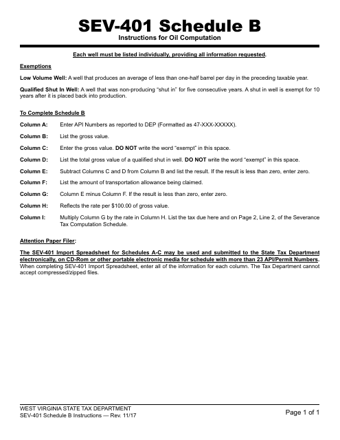 Instructions for Form WV/SEV-401 Schedule B Oil Computation - West Virginia