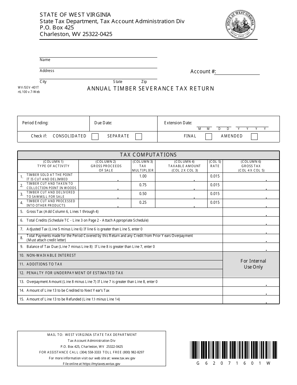 Form WV / SEV-401t Annual Timber Severance Tax Return - West Virginia, Page 1