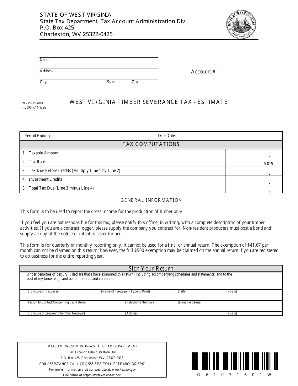 Form WV/SEV-400t Timber Severance Tax - Estimate - West Virginia, Page 1