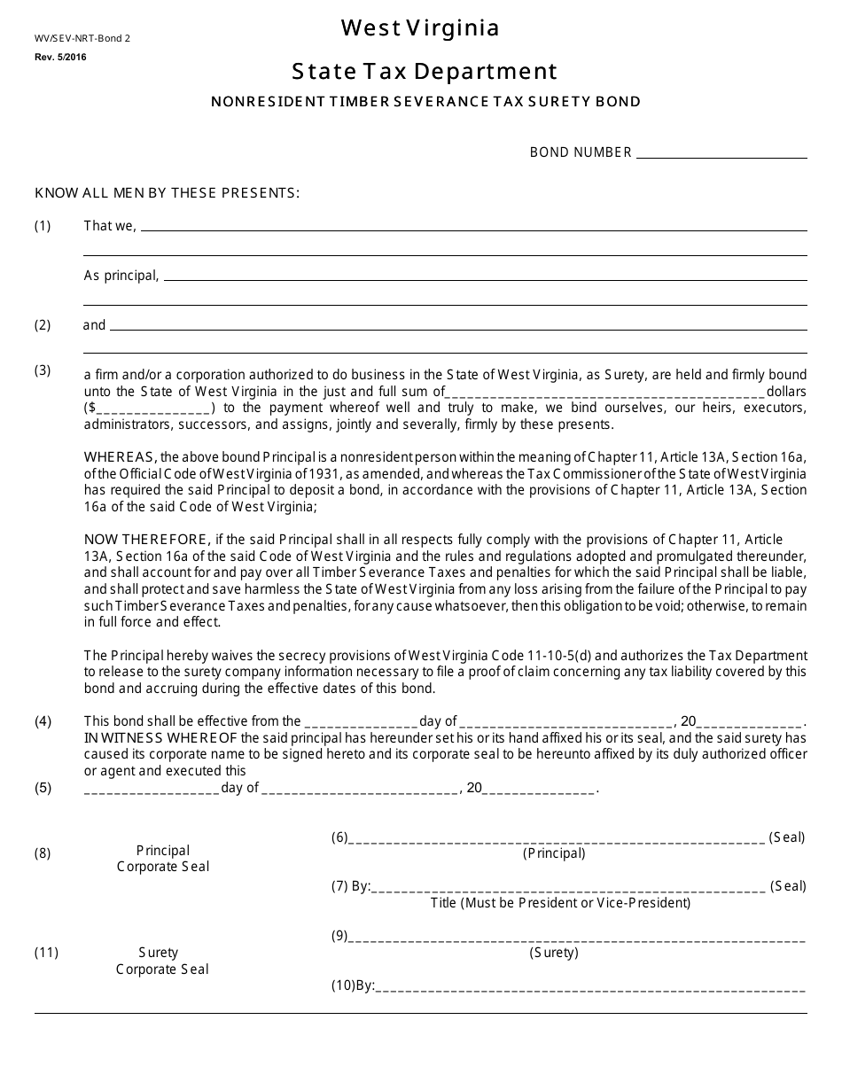 Form WV / SEV-nrt-Bond 2 Nonresident Timber Severance Tax Surety Bond - West Virginia, Page 1