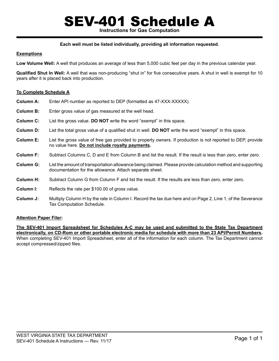Instructions for Form WV/SEV-401 Schedule A Gas Computation - West Virginia, Page 1