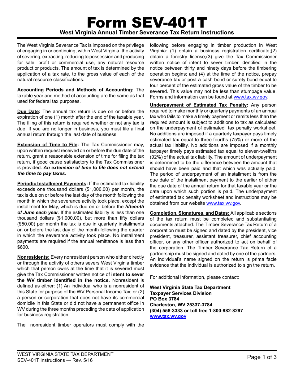 Download Instructions for Form WV/SEV401T West Virginia Annual Timber