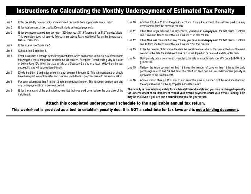 Instructions for Calculating the Monthly Underpayment of Estimated Tax Penalty - West Virginia