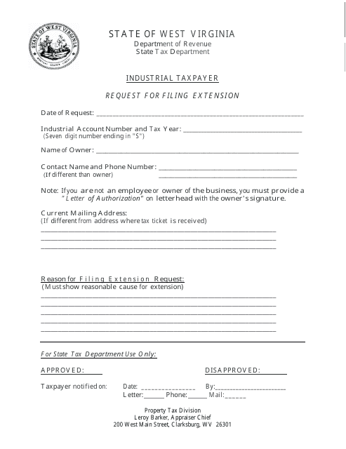 Industrial Taxpayer Request for Filing Extension Form - West Virginia