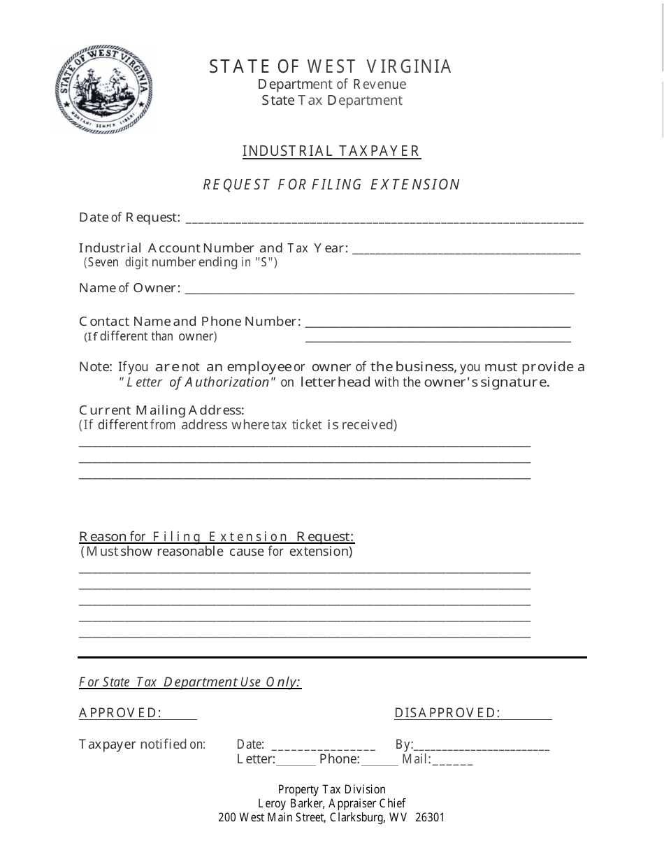 Industrial Taxpayer Request for Filing Extension Form - West Virginia, Page 1