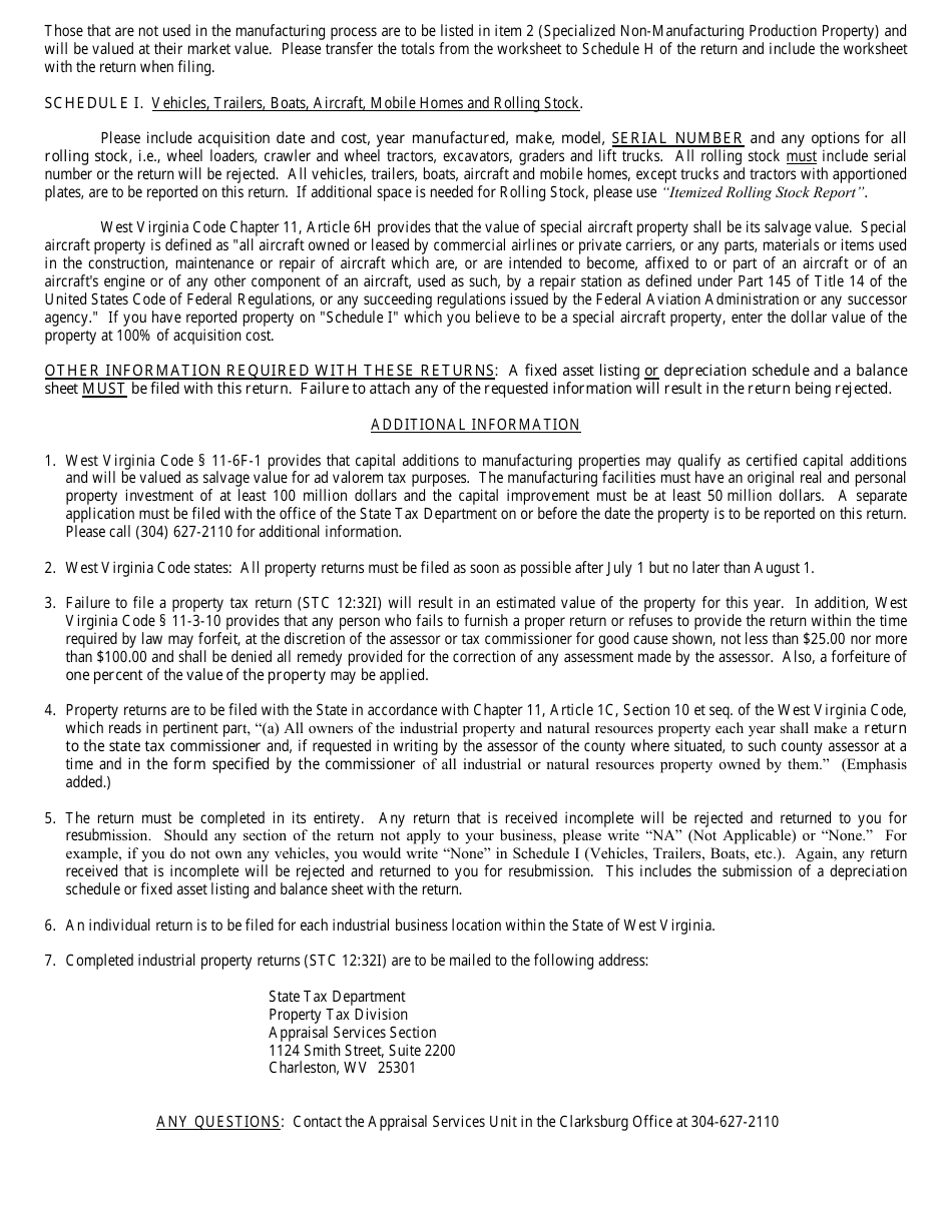 Instructions for Form STC12:32I Industrial Business Property Return - West Virginia, Page 2