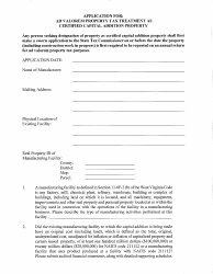 Document preview: Application Form for Ad Valorem Property Tax Treatment as Certified Capital Addition Property - West Virginia