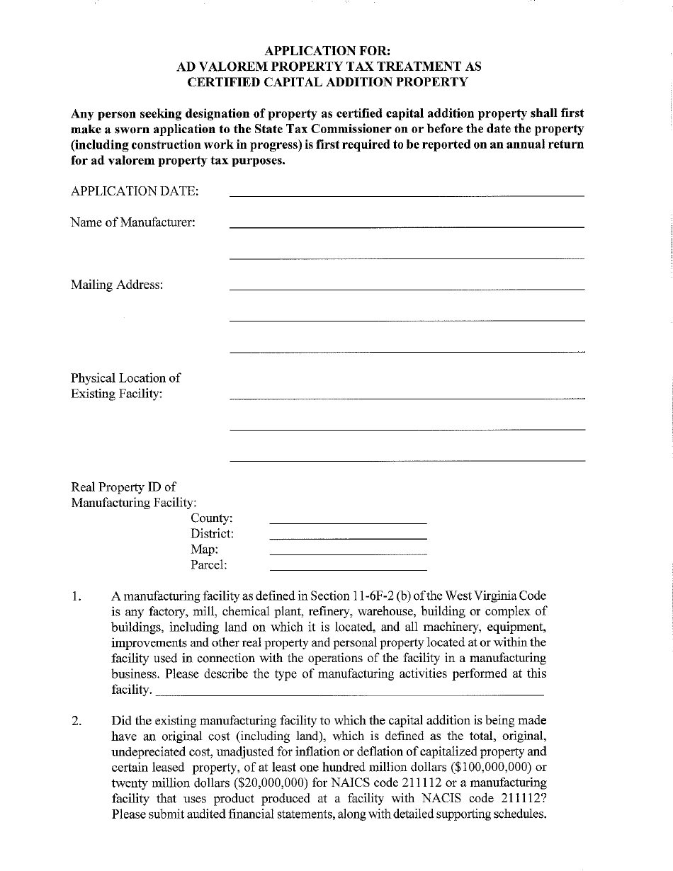 Application Form for Ad Valorem Property Tax Treatment as Certified Capital Addition Property - West Virginia, Page 1