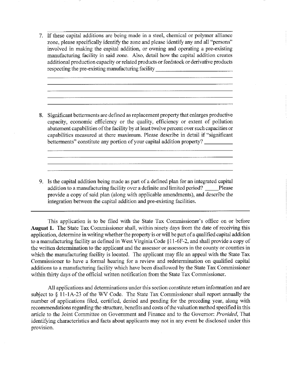Application Form for Ad Valorem Property Tax Treatment as Certified Capital Addition Property - West Virginia, Page 3