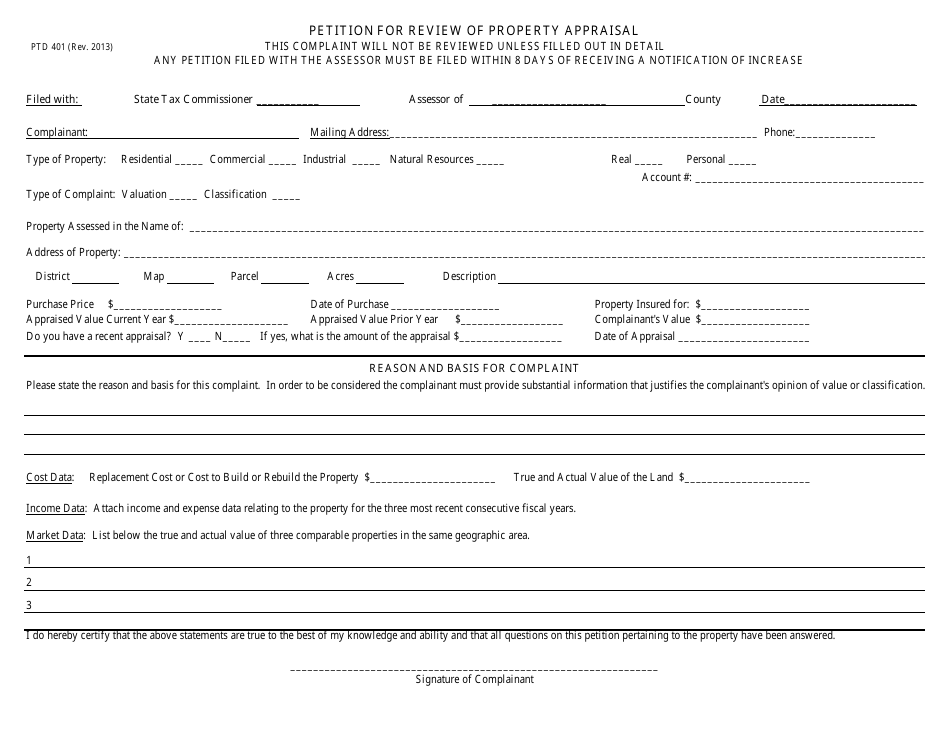 Form PTD401 Petition for Review of Property Appraisal - West Virginia, Page 1