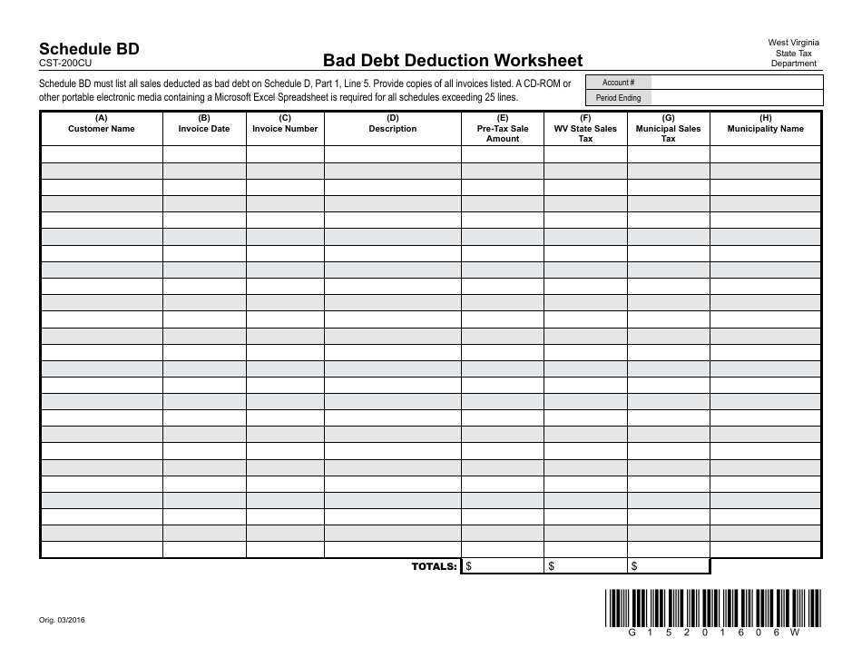 Form CST-200CU Schedule BD Bad Debt Deduction Worksheet - West Virginia, Page 1