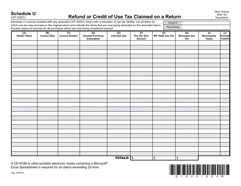 Form CST-200CU Schedule U  Printable Pdf