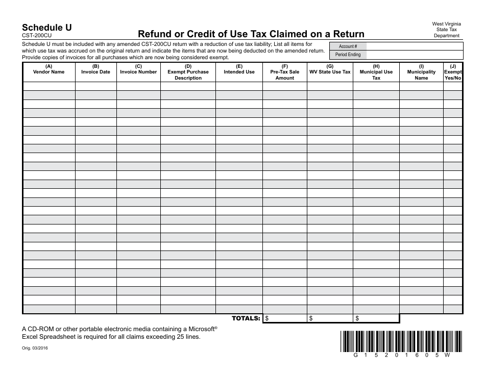 Form CST-200CU Schedule U Refund or Credit of Use Tax Claimed on a Return - West Virginia, Page 1