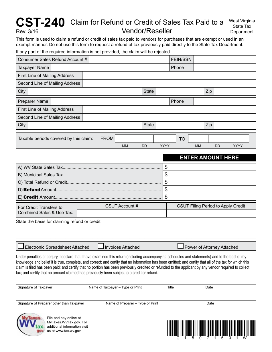 Form CST-240 Claim for Refund or Credit of Sales Tax Paid to a Vendor / Reseller - West Virginia, Page 1