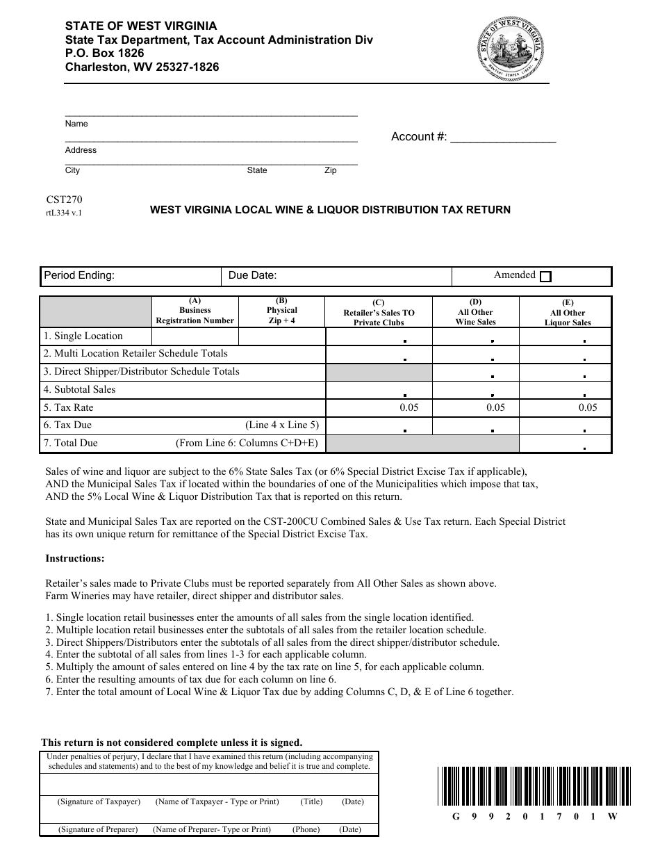 Form CST-270 Local Wine  Liquor Distribution Tax Return - West Virginia, Page 1