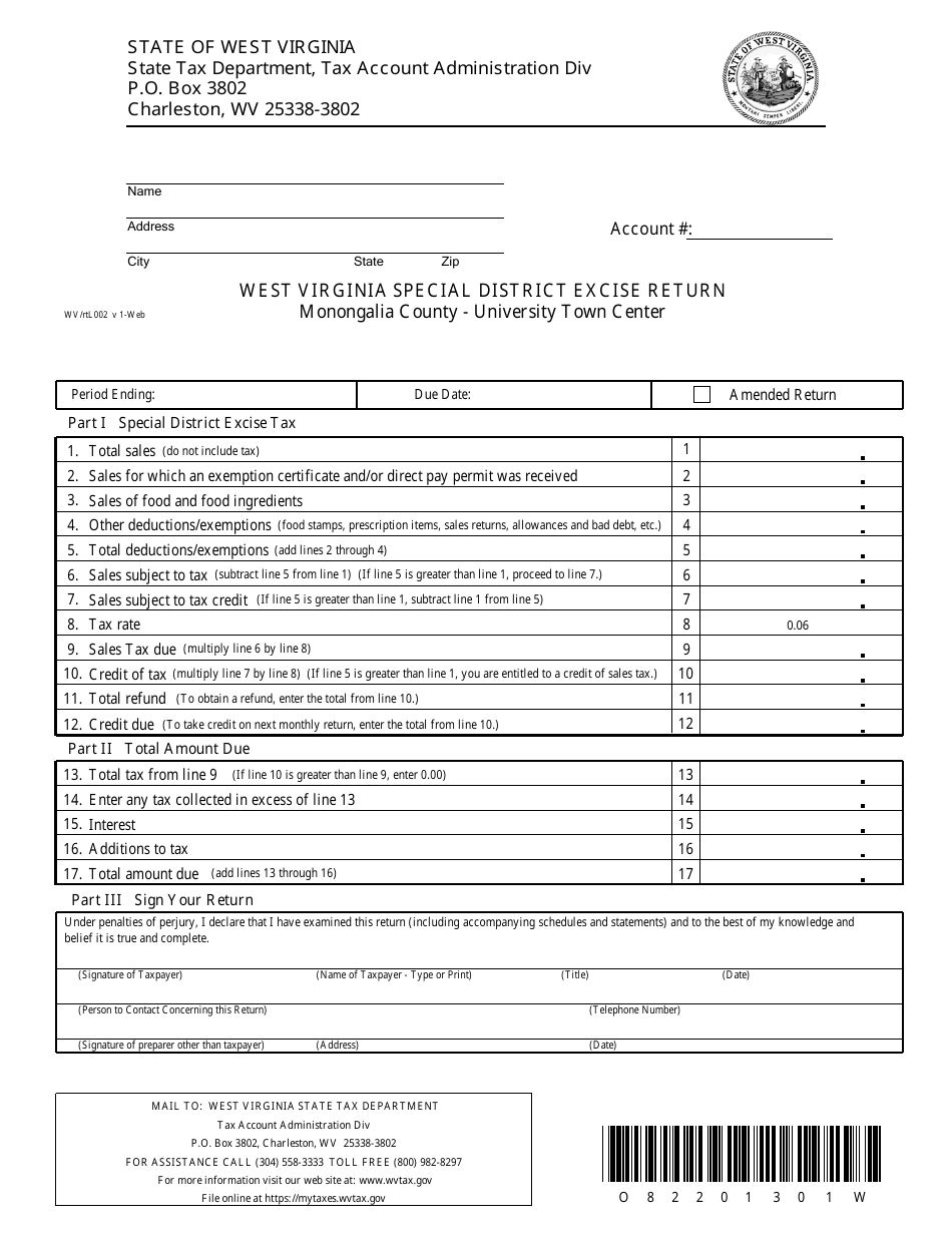 Special District Excise Return Form - Monongalia County, West Virginia, Page 1