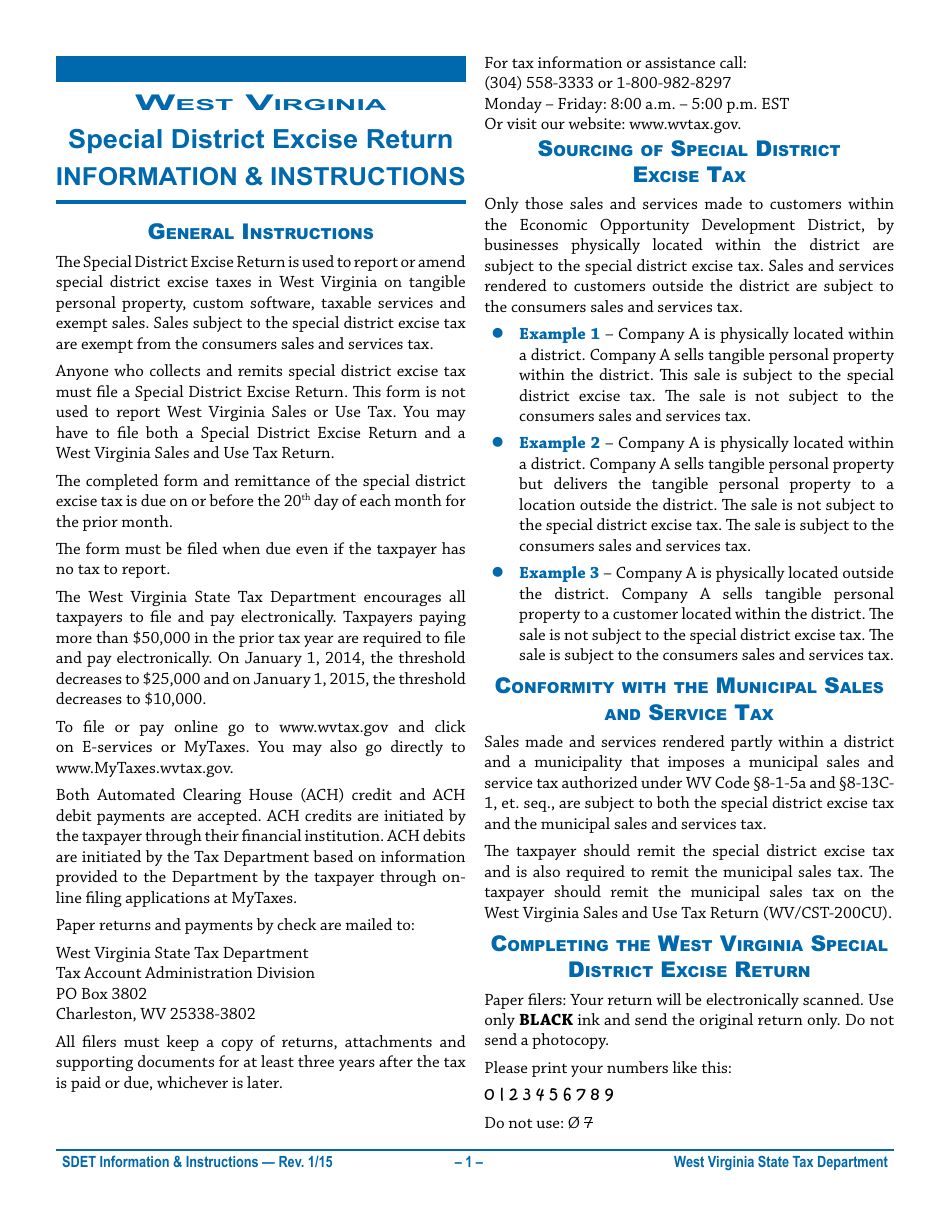 Instructions for Special District Excise Return Form - West Virginia, Page 1