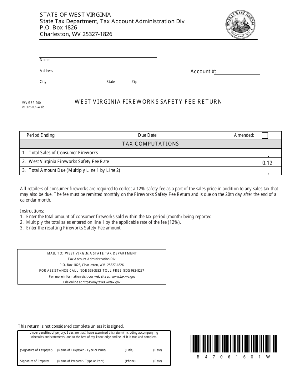 Form WV / FSF-200 West Virginia Fireworks Safety Fee Return - West Virginia, Page 1