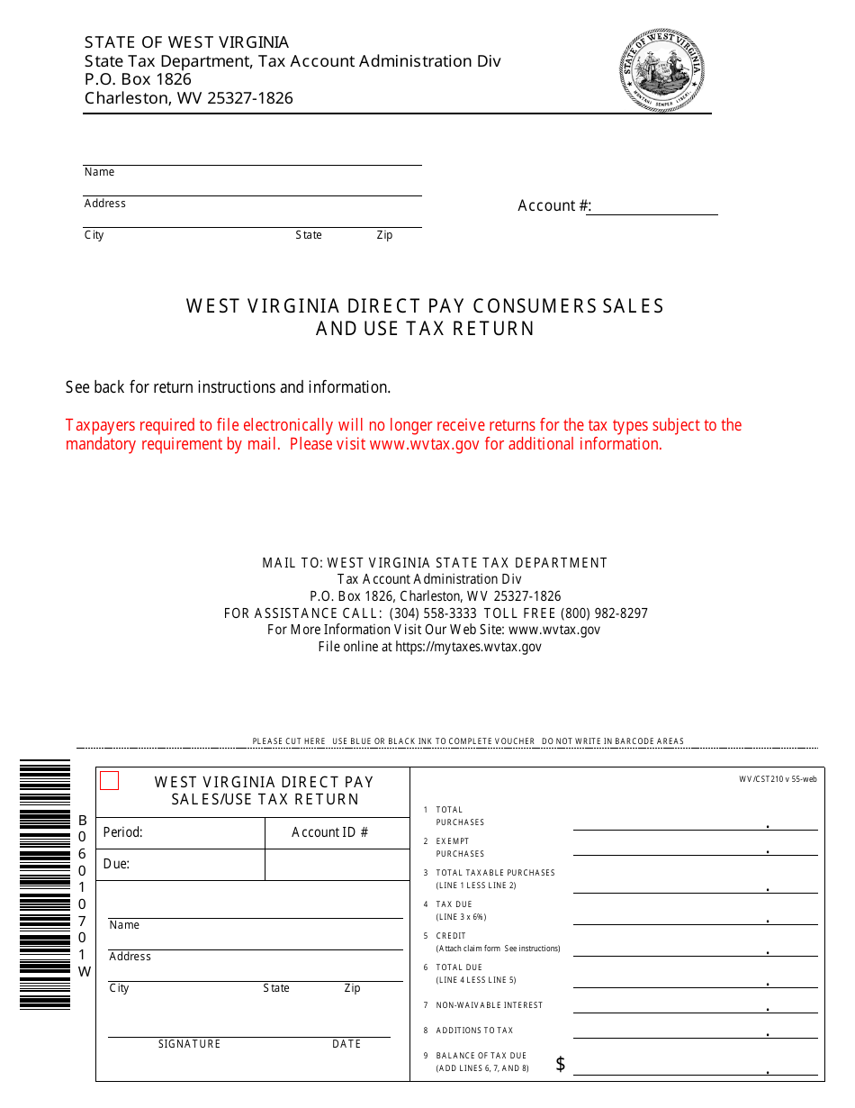 Form WV/CST-210 West Virginia Direct Pay Consumers Sales and Use Tax Return - West Virginia, Page 1