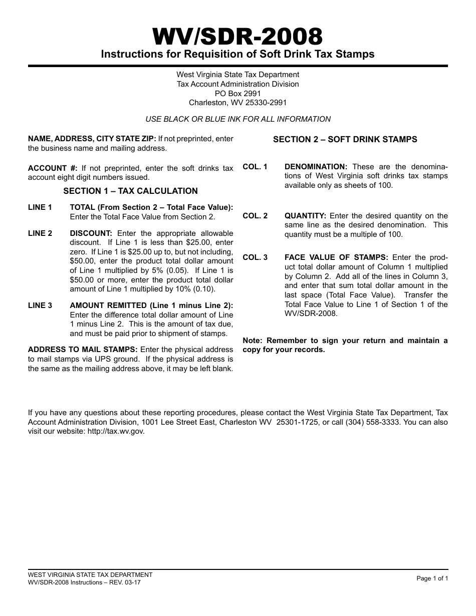 Instructions for Form WV / SDR-2008 Requisition of Soft Drink Tax Stamps - West Virginia, Page 1