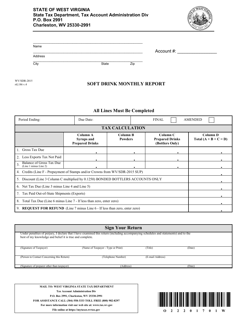 Form WV/SDR-2015 Soft Drink Monthly Report - West Virginia, Page 1