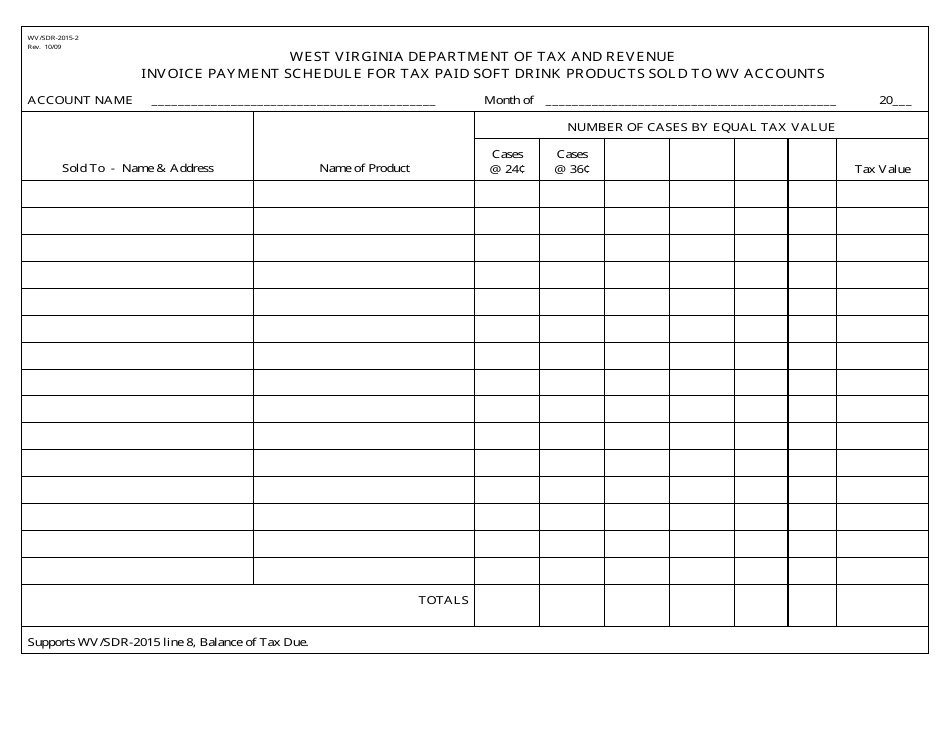 Form WV / SDR-2015-2 Invoice Payment Schedule for Tax Paid Soft Drink Products Sold to Wv Accounts - West Virginia, Page 1