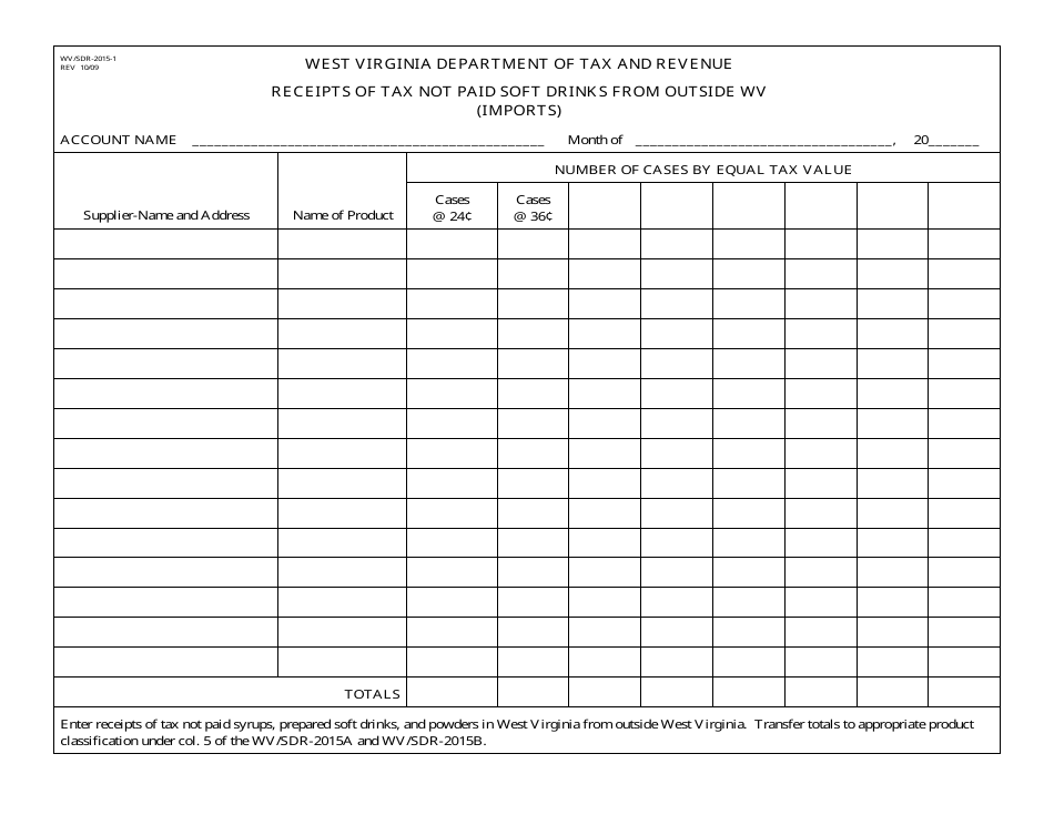 Form WV / SDR-2015-1 Receipts of Tax Not Paid Soft Drinks From Outside Wv (Imports) - West Virginia, Page 1