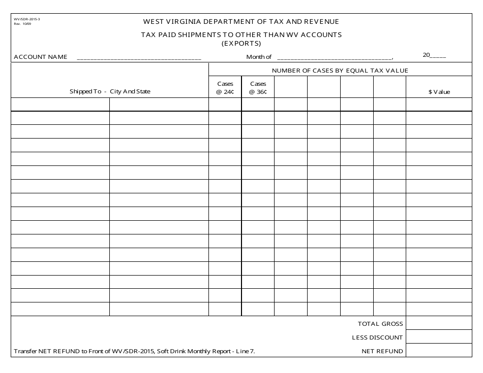 Form WV/SDR-2015-3 Tax Paid Shipments to Other Than Wv Accounts (Exports) - West Virginia, Page 1