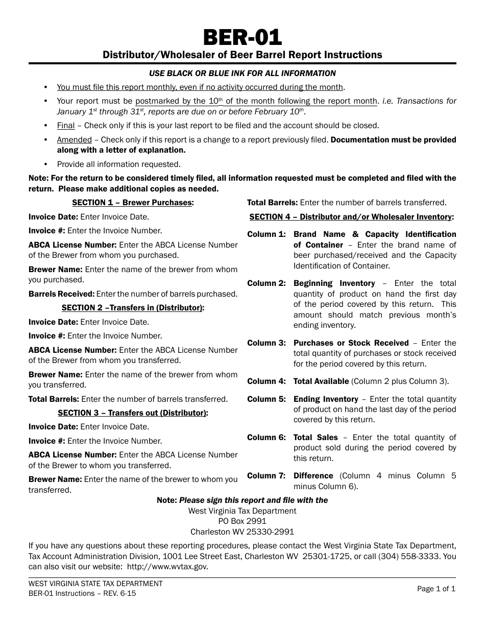 Instructions for Form WV / BER-01 Distributor / Wholesaler of Beer Barrel Report - West Virginia, Page 1