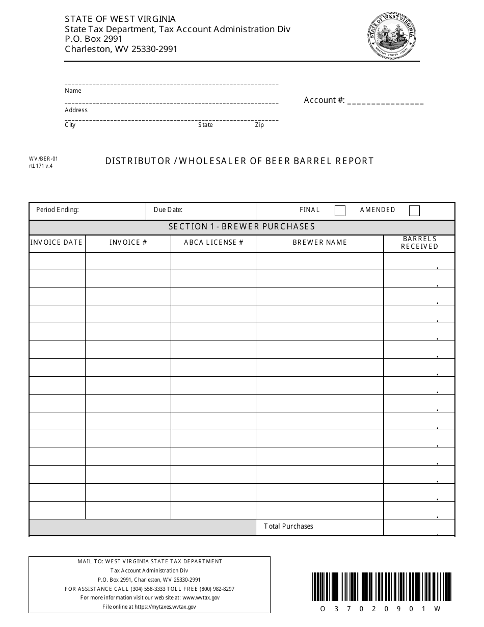 Form WV / BER-01 Distributor / Wholesaler of Beer Barrel Report - West Virginia, Page 1