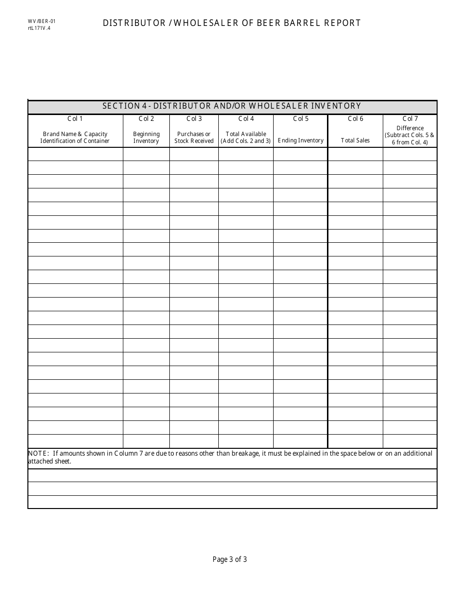 Form WV / BER-01 Distributor / Wholesaler of Beer Barrel Report - West Virginia, Page 3
