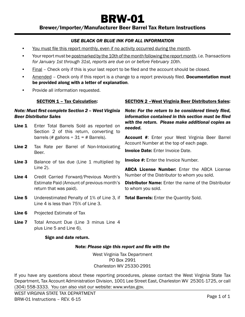 Instructions for Form BRW-01 Brewer / Importer / Manufacturer Beer Barrel Tax Return - West Virginia, Page 1